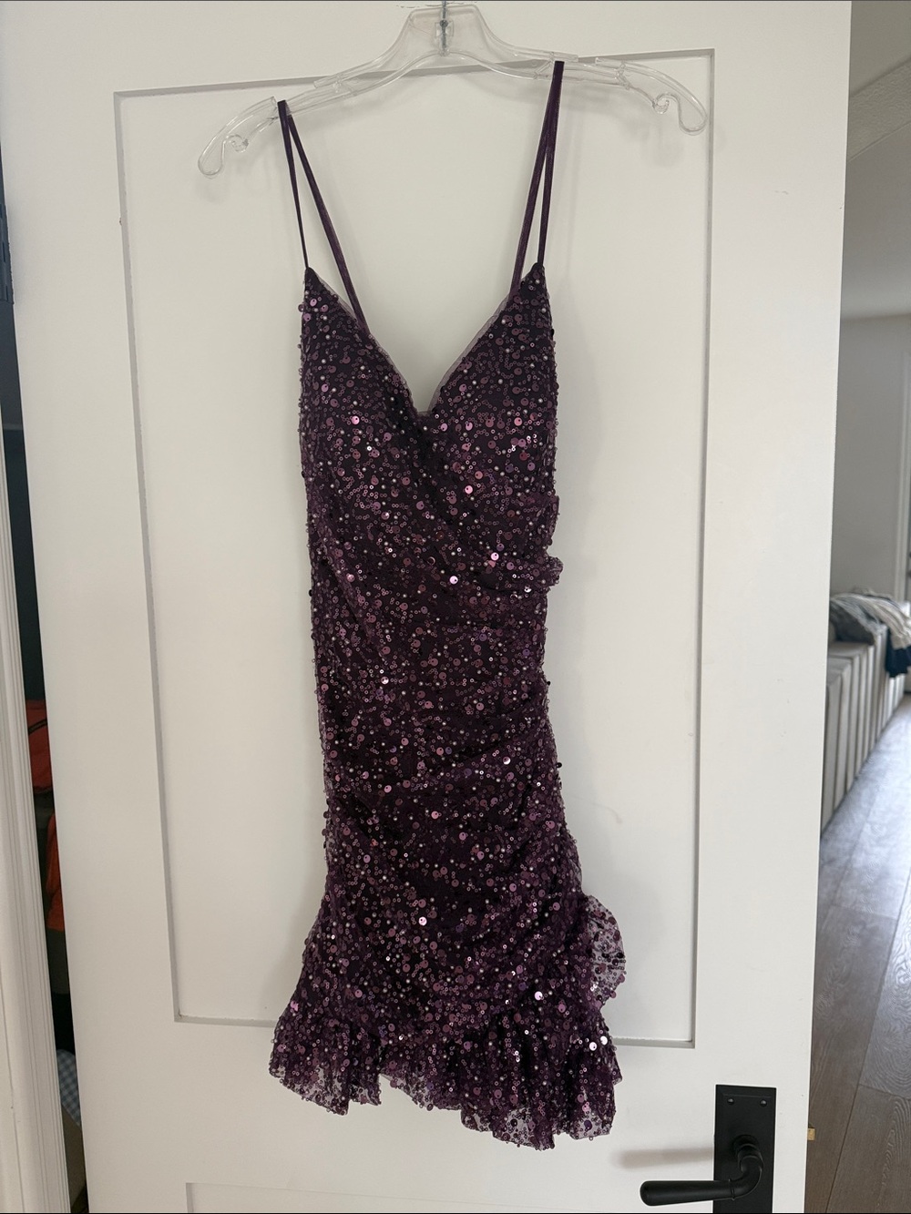 Sequined Plum Spaghetti-Strap Mini Dress